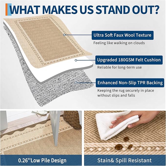 GarveeHome Modern Neutral 9x12 Area Rug Large Washable Rugs for Living Room, Low Pile Non Slip Stain-Resistant Soft Carpet, Contemporary Border Pattern Floor Mats for Home Decor, Linen Color