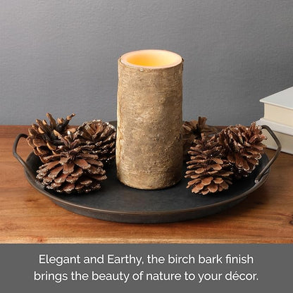 Mikasa Birch LED Wax Pillar Candle with Flickering Flame - Real Wax Design & 5-Hour Timer for Safe Warm Lighting - Rustic Accent for Cozy Home Decor & Ambient Mood Settings