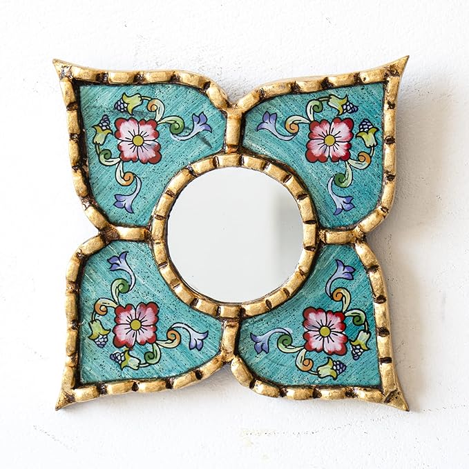 Peruvian Artisan Mirror for wall Decor– Small Diamond/Square wall Mirror with Bronze Leaf Frame (Turquoise)
