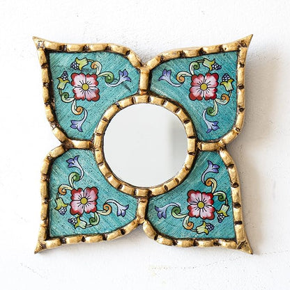 Peruvian Artisan Mirror for wall Decor– Small Diamond/Square wall Mirror with Bronze Leaf Frame (Turquoise)