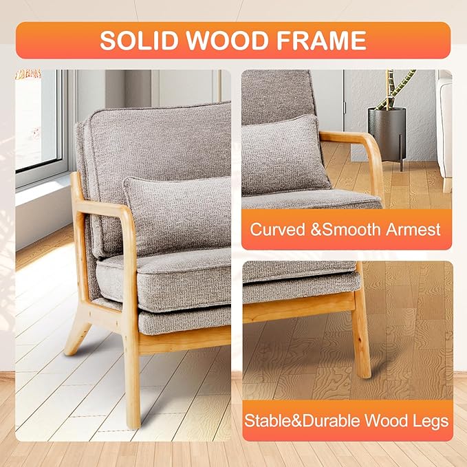 MALOL Accent Chair Set of 2 with Solid Wood Frame, Mid-Century Relaxing Armchair Lumbar Pillow& Soft Cushion, Reading Leisure Chair for Living Room, Bedroom, Waiting Room-Grey