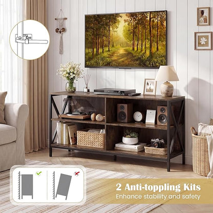 Tangkula TV Stand for TVs up to 55 Inches, 47" Farmhouse Entertainment Center with 4 Open Shelves & Built-in Cable Holes, TV Console Table with X-Shaped Frame for Living Room (Rustic Brown)