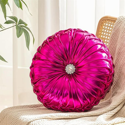 Round Throw Pillows, Soft Spandex Fabric Pumpkin Pleated Handmade Metallic Decorative Throw Pillows Floor Pillows Cushion for Sofa Couch Bedroom Living Room Chair, Rose Red ﻿