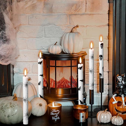 Halloween Flameless Taper Candles Battery Operated with Remote and Timer, 3D Wick Flickering LED Taper Candles Skull Bats Spider Decals Dinner Table Halloween Lights(6 Pack, 0.78 x 9.64”)