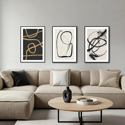 SAFERRYHOME Abstract Graffiti Black and White Wall Art Black and Gold Framed Canvas Print Set, Mid-Century Modern Geometric Sketches Lines for Living Room, Bedroom, Office - 3 Panels 16x24 Inch