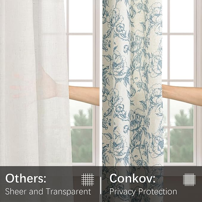 Blue Floral Curtains for Bedroom Living Room,63 Inch Length Linen Blend Curtains with Vintage Peony,Privacy Light Filtering Farmhouse Drapes Grommets 2 Panels Set, 50" W X 63" L,Navy Blue