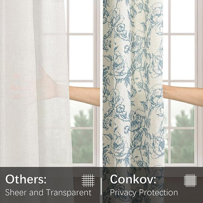 Blue Floral Curtains for Bedroom Living Room,63 Inch Length Linen Blend Curtains with Vintage Peony,Privacy Light Filtering Farmhouse Drapes Grommets 2 Panels Set, 50" W X 63" L,Navy Blue