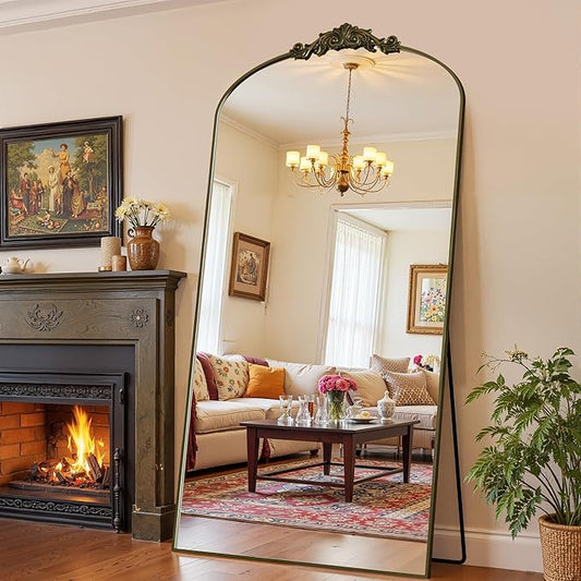 Antok Arched Full Length Mirror, 82"x44" Floor Mirror with Carved, Full Body Mirrors for HomeDecor, Standing/Halling Large Wall Mirror for Bedroom, Living Room, Cloakroom, Bronze, Retro Style