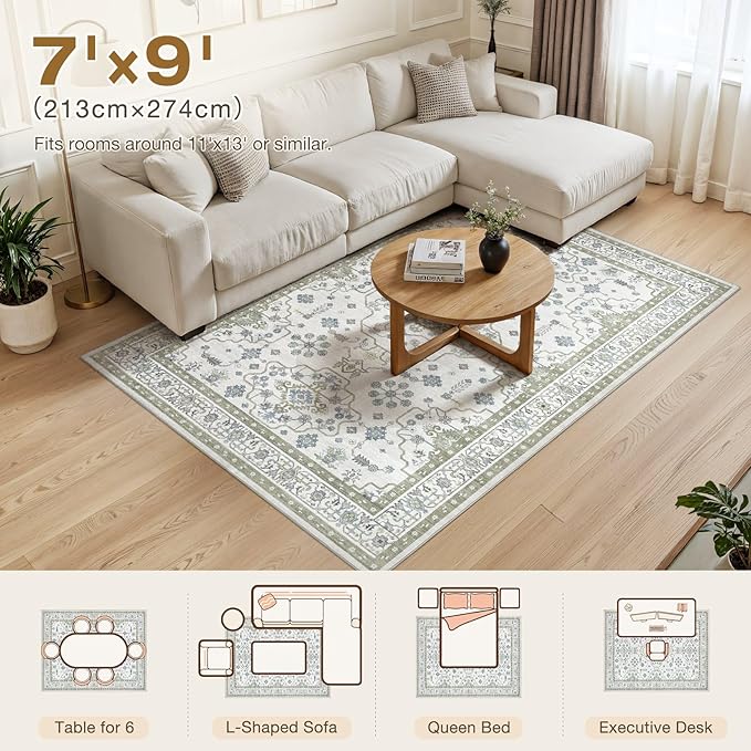 Area Rug 7x9 for Living Room - Washable Oriental Vintage Floral Distressed Large Indoor Carpets with Non Slip Back for Bedroom Dining Room Nursery Office Home Decor -Light Green