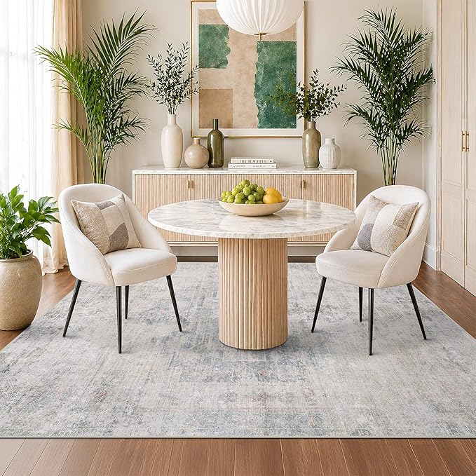 Low Pile Office Rugs for Rolling Chairs - 5x7 Abstract Rugs for Living Room, Large Entryway, Cream Slate Blue Decor, Non Slip with Rubber Backed & Stain Resistant
