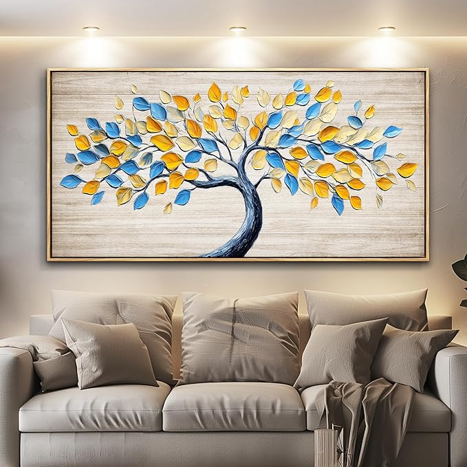Wapluam Tree Of Life Wall Art,Canvas Wall Art For Living Room,Yellow And Blue Tree Abstract Canvas Painting Art Prints,Nature Modern Pictures Wall Decor For Bedroom Bathroom Dining Room Office 20"X40"