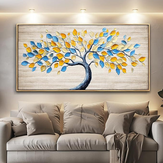 Wapluam Tree Of Life Wall Art,Canvas Wall Art For Living Room,Yellow And Blue Tree Abstract Canvas Painting Art Prints,Nature Modern Pictures Wall Decor For Bedroom Bathroom Dining Room Office 20"X40"