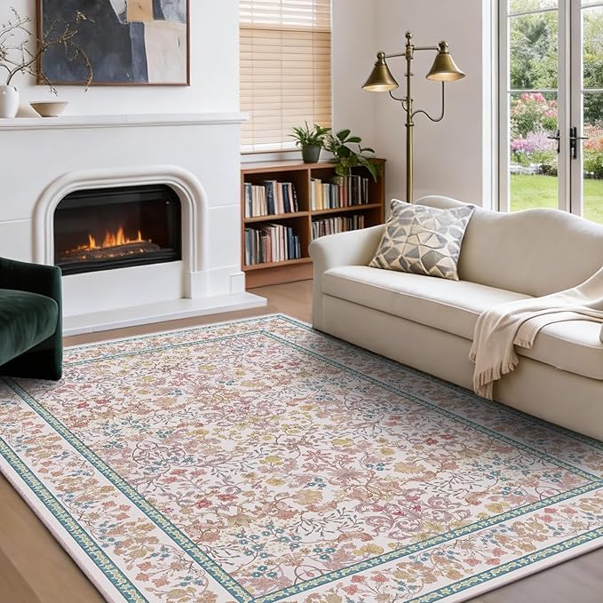 AMADA HOMEFURNISHING 5x7 Area Rug, Washable Living Room Rug with Non-Slip Backing, Low Pile and Durable Edge Binding, Vintage Soft Floral Rugs for Living Room, Bedroom, Dining Room