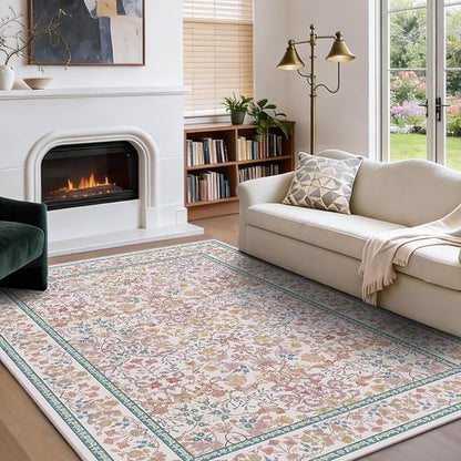 AMADA HOMEFURNISHING 5x7 Area Rug, Washable Living Room Rug with Non-Slip Backing, Low Pile and Durable Edge Binding, Vintage Soft Floral Rugs for Living Room, Bedroom, Dining Room