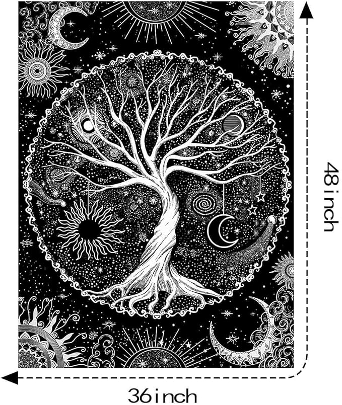 Lunerfex Tree of Life Tapestry Black and White Tapestry Mystical Sun and Moon Tapestries for Bedroom and Living Room Decor Black Tree 36×48 Inches