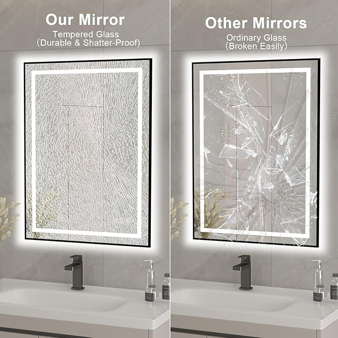20x28 inches Rectangular Aluminum Black Framed LED Mirror, Smart Bathroom Mirror with Lights, Anti-Fog, Tempered Glass, 3 Colors Dimmable, Front and Backlit, Wall Mounted, Memory