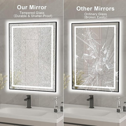 18x24 inches Rectangular Aluminum Black Framed LED Mirror, Smart Bathroom Mirror with Lights, Anti-Fog, Tempered Glass, 3 Colors Dimmable, Front and Backlit, Wall Mounted, Memory