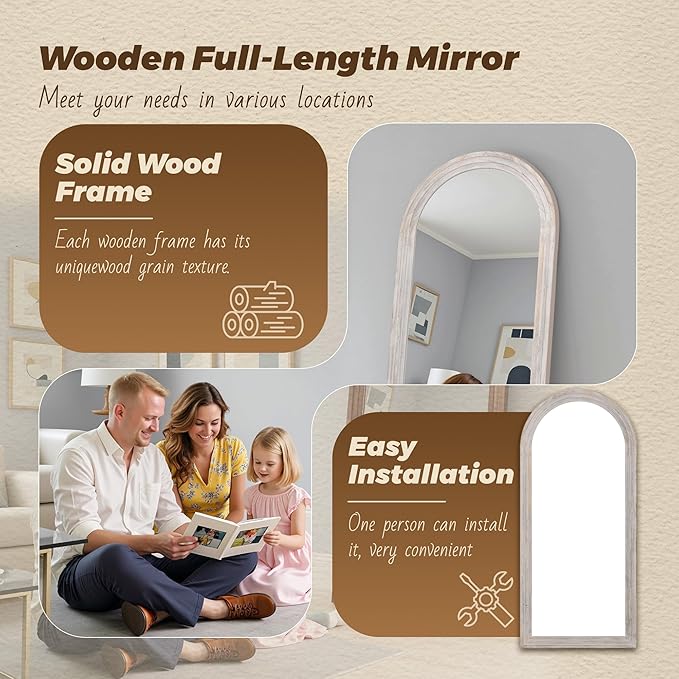 Antok Full Length Mirror with Solid Wood Frame, 71"×32" Wall Mounted Oversized Floor Mirror with Stand, Leaning Standing Hanging for Bedroom Living Room Entryway, White, Arched Syle