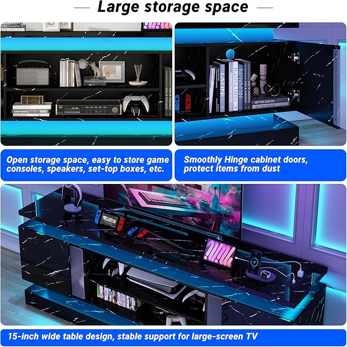 chartustriable 71IN LED TV Stands w/Power Outlet for 85/80/75 Inch TVs,High Gloss Modern Tall Entertainment Center TV Media Console Gaming w/2 Storage Cabinets,Dual LED Lights,Black Marble
