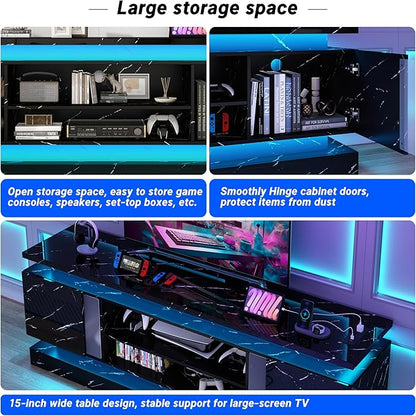 chartustriable 71IN LED TV Stands w/Power Outlet for 85/80/75 Inch TVs,High Gloss Modern Tall Entertainment Center TV Media Console Gaming w/2 Storage Cabinets,Dual LED Lights,Black Marble