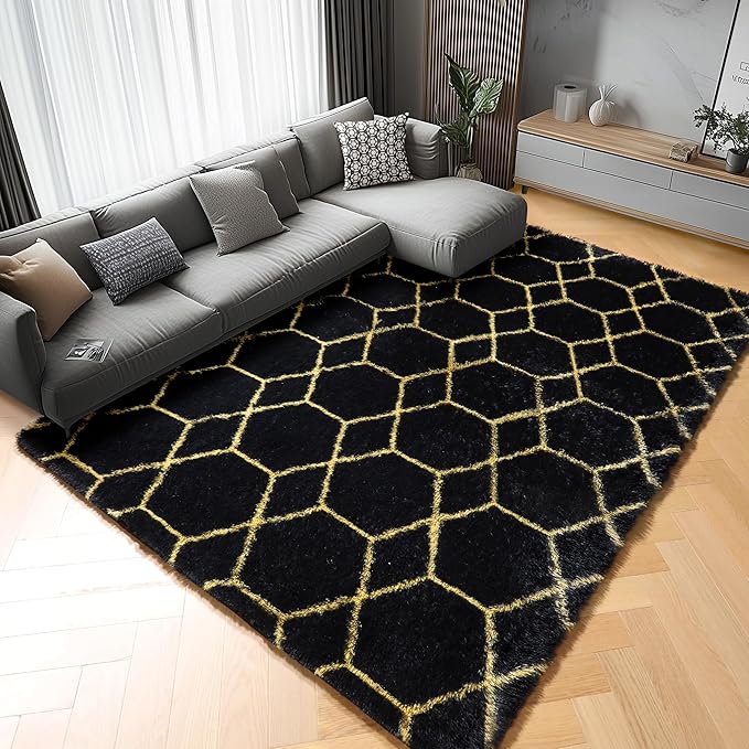 ONASAR Area Rugs for Bedroom Living Room, 4x6 Fluffy Black and Gold Throw Rug, Shaggy Geometric Floor Mat for Home Decor, Soft Plush Carpet for Kids Teen Playroom Dorm Classroom Office