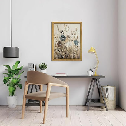 Yaneiro Wood Framed Vintage Wildflower Wall Art, Boho Canvas Wall Decor Paintings, Sage Flower Bathroom Decor, Countryside Farmhouse Landscape Posters Print for Bedroom Hallway Living Room 12x16 Inch