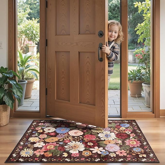 2x4 Entryway Runner Rugs, Non Slip Washable Rugs with Rubber Backing Soft Floral Carpet Runner for Kitchen, Laundry, Bedroom, Bathroom (2 x 4, Black/Brown)