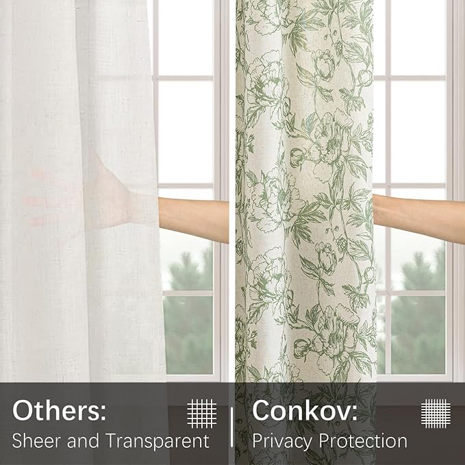 Green Floral Curtains for Living Room 90 Inches Long French Country Green Peony Print on Beige Linen Curtains Light Filtering Cottage Window Treatment Farmhouse Drapes,Pack-2,50" W X 90" L