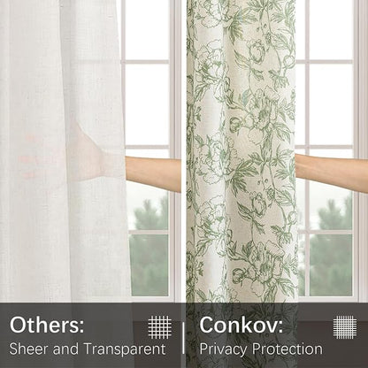 Green Floral Curtains for Living Room 90 Inches Long French Country Green Peony Print on Beige Linen Curtains Light Filtering Cottage Window Treatment Farmhouse Drapes,Pack-2,50" W X 90" L