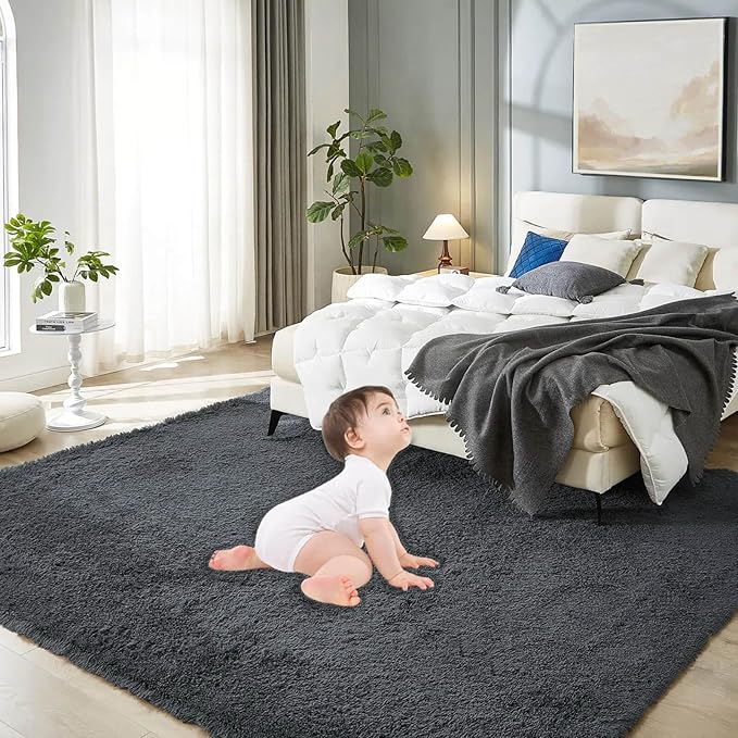Floralux 8x10 Shag Rug for Bedroom, Dark Grey, Large Area Rug for Living Room, Soft Fluffy Carpet