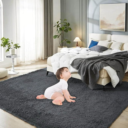 Floralux 8x10 Shag Rug for Bedroom, Dark Grey, Large Area Rug for Living Room, Soft Fluffy Carpet