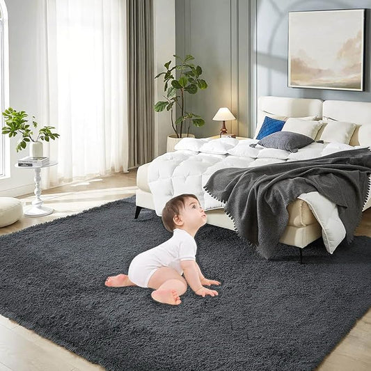 Floralux 8x10 Shag Rug for Bedroom, Dark Grey, Large Area Rug for Living Room, Soft Fluffy Carpet