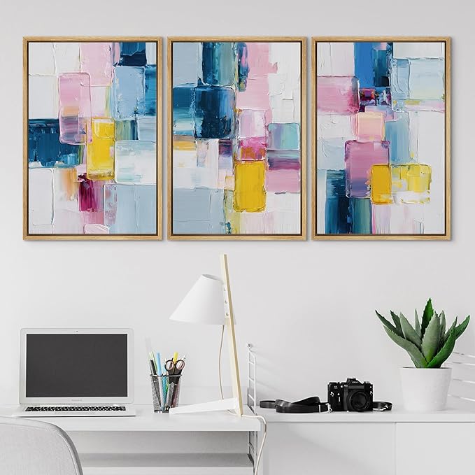 SIGNLEADER Framed Canvas Print Wall Art Set Vibrant Colorful Block Abstract Bold Pink Blue Illustrations Minimal Decorative Bohemian Nordic for Living Room, Bedroom, Office - 24"x36"x3 NATURAL
