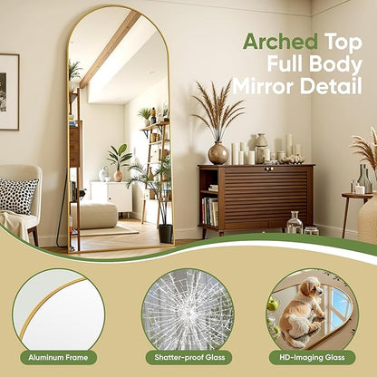 Full Length Mirror, 71"x32" Arched Full Body Mirror, Floor Mirrors with Stand, Body Mirrors Standing Hanging Leaning Against Wall,Aluminum Frame Mirrors for Bedroom Cloakroom,Living Room,Gold