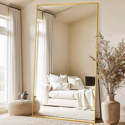 Antok Full Length Mirror,46"x91" Oversized Floor Mirror Freestanding, Full Body Mirrors Floor Standing Mirrors with Stand, Hanging Mounted for Living Room Cloakroom, Gold, Rect Style