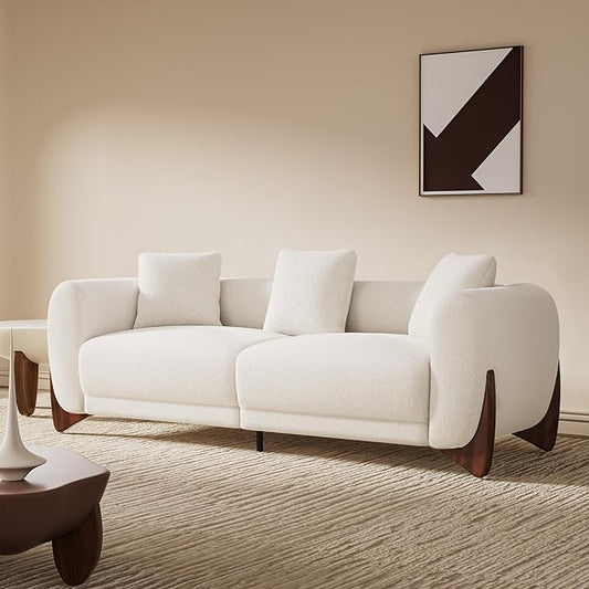 Morden Fort Modern Cloud Couch - 3 Seater Sherpa Boucle Sofa with Wood Legs, Ultra-Thick High Resilience Cushion with 3 Matching Pillows Upholstered Comfy Couch Sofa for Living Room - Off White 87''