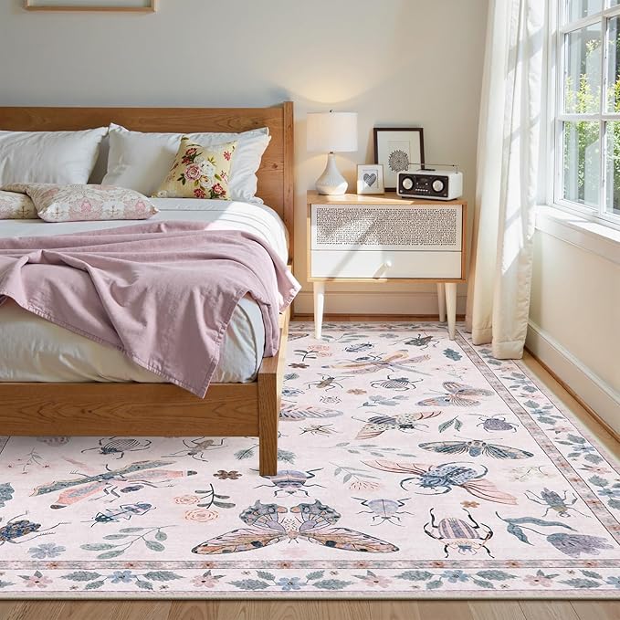 Lahome Insect 9x12 Area Rugs for Living Room Bedroom, Soft Washable Rugs 9x12 Stain Resistant, Ultra-Thin Non-Slip Non-Shedding Accent Carpet for Dining Room Office Vionnet, Pink