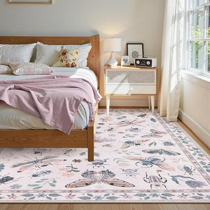 Lahome Insect 9x12 Area Rugs for Living Room Bedroom, Soft Washable Rugs 9x12 Stain Resistant, Ultra-Thin Non-Slip Non-Shedding Accent Carpet for Dining Room Office Vionnet, Pink