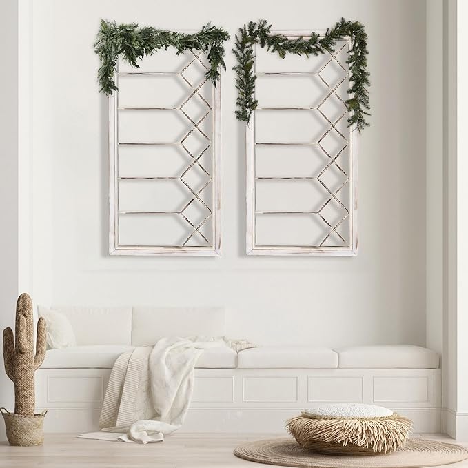 Oakrain Wood Window Frame Wall Art, 39"x 20" Rustic Wall Decor, Farmhouse Window Pane Decor for Wall, Decorative Wall Sculptures for Living Room, Bedroom, Entryway, Hallway, Distressed White