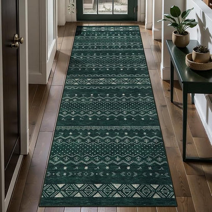 SERISSA 2x5 Kitchen Runner Rug, Washable Non-Slip Dark Green Boho Rug, Soft Low-Pile Geometric Indoor Carpet for Hallway Laundry Room Bathroom Bedroom Entryway
