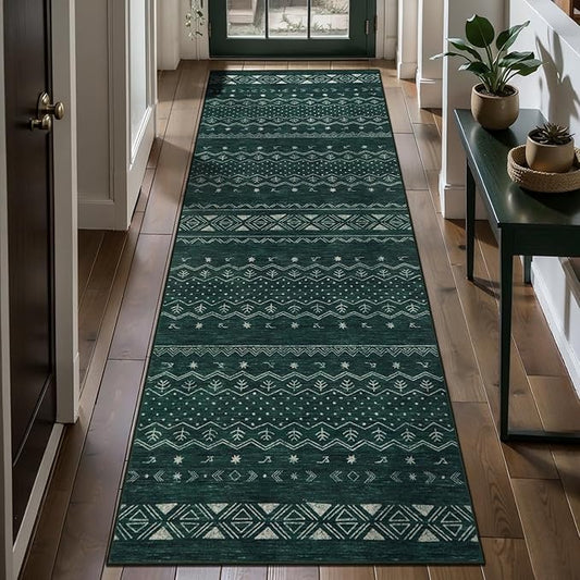 SERISSA 2x5 Kitchen Runner Rug, Washable Non-Slip Dark Green Boho Rug, Soft Low-Pile Geometric Indoor Carpet for Hallway Laundry Room Bathroom Bedroom Entryway