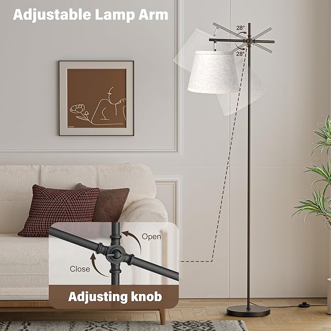 SIBRILLE Floor Lamp with Linen Shade, Dimmable Tall Standing Lamp with Remote Control & 3 Color Temperatures Bulb, Modern Swing Arm Floor Lamps for Living Room Bedroom Office Corner