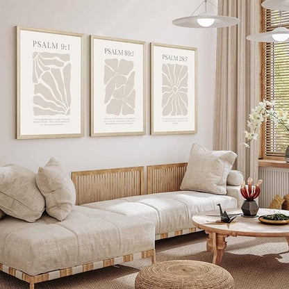 Scripture Christian Wall Art Set of 3 Beige Bible Verses Wall Decor Neutral Psalm Canvas Wall Art Modern Pictures Flower Prints Christian Artwork for Living Room Bedroom 16x24 Inch Framed