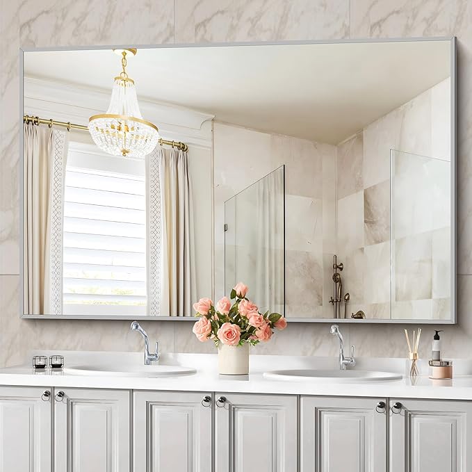 COFENY 36x55inch Bathroom Mirror, Silver Rectangle Mirror with Thin Metal Frame, Large Rectangular Wall Mirrors for Bathroom, Living Room, Hair Salon, Big Mirror Hang Horizontal/Vertical