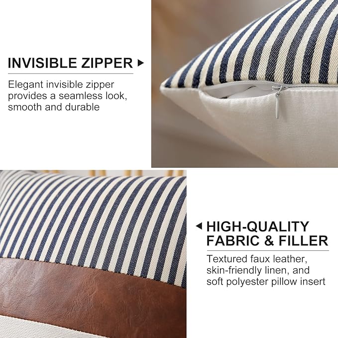Mecatny Set of 2 Faux Leather Throw Pillows 18x18 with Inserts, Boho Striped Farmhouse Outdoor Pillows, Decorative Accent Cushions for Couch, Patio & Living Room, Navy