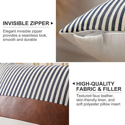 Mecatny Set of 2 Faux Leather Throw Pillows 18x18 with Inserts, Boho Striped Farmhouse Outdoor Pillows, Decorative Accent Cushions for Couch, Patio & Living Room, Navy