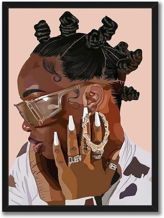 Black Girl Canvas Wall Art, African American Fashion Woman Illustration with, Black Wood Framed Vintage Wall Decor, Girls Room Poster Print for Bedroom Living Room Office 12x16 Inch