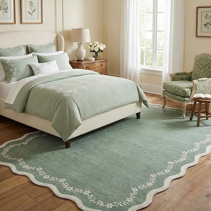 GarveeHome 5x7 Scalloped Area Rug Sage Green Washable Rugs for Living Room Bedroom, Soft Low Pile Non Slip Accent Floor Mat Solid Floral Print Throw Rug Indoor Carpet for Dorm Playroom
