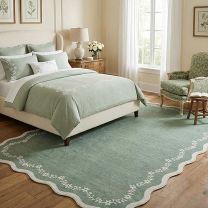 GarveeHome 5x7 Scalloped Area Rug Sage Green Washable Rugs for Living Room Bedroom, Soft Low Pile Non Slip Accent Floor Mat Solid Floral Print Throw Rug Indoor Carpet for Dorm Playroom