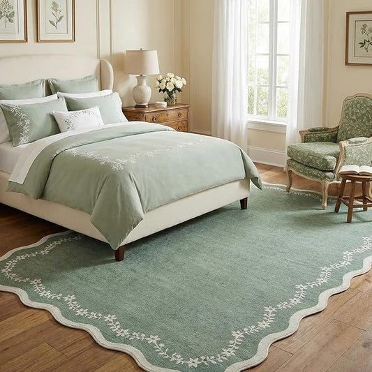 GarveeHome 5x7 Scalloped Area Rug Sage Green Washable Rugs for Living Room Bedroom, Soft Low Pile Non Slip Accent Floor Mat Solid Floral Print Throw Rug Indoor Carpet for Dorm Playroom